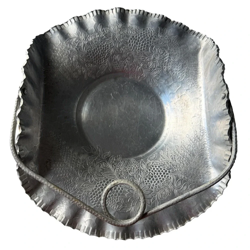 Hammered‎ Aluminum Basket Floral Embossed Loop Handle Designed Aluminum 1940s